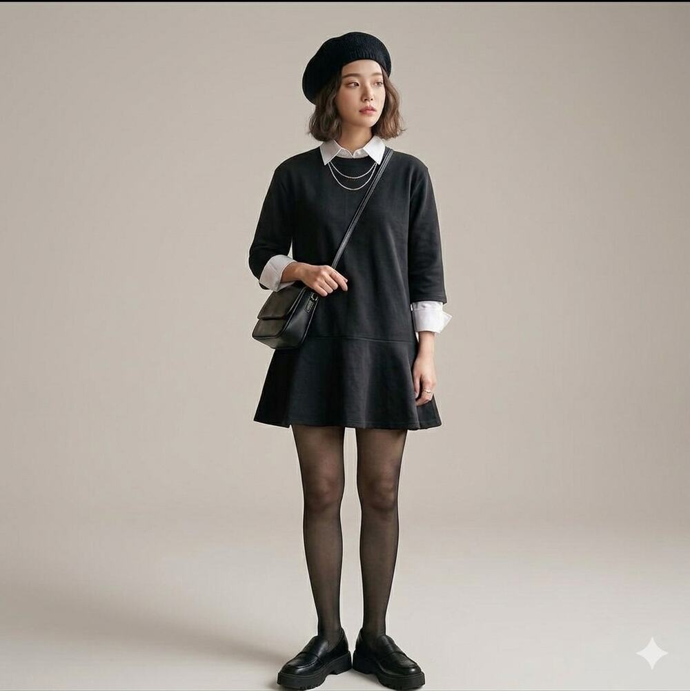 Around 101 Black Crewneck Drop-Waist Peplum Flounce Top (Korean Fashion) Size